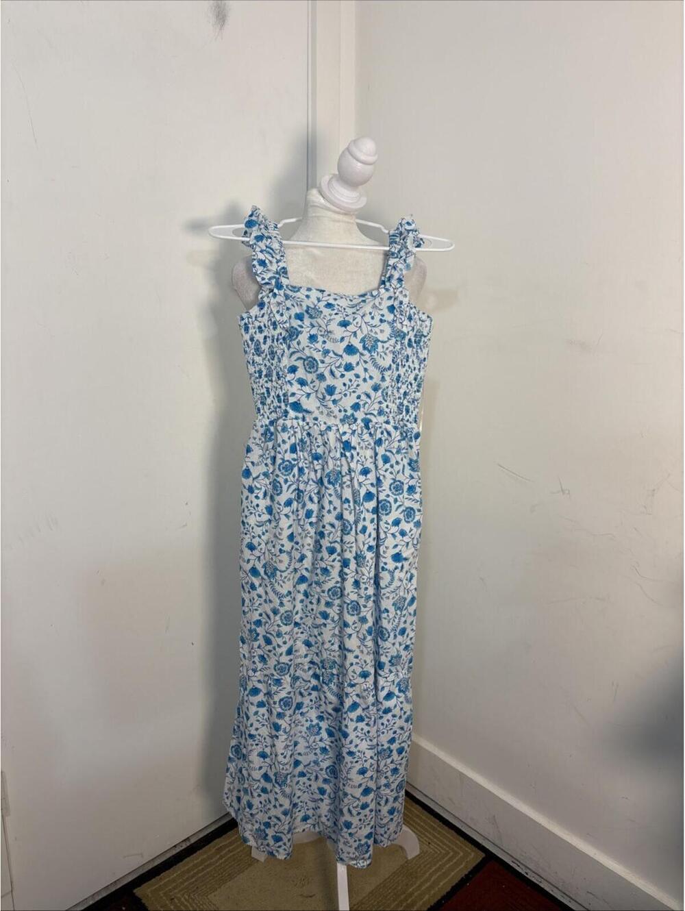 Draper James Flutter Strap Smocked Midi Dress White Blue Floral Size XS‎ New